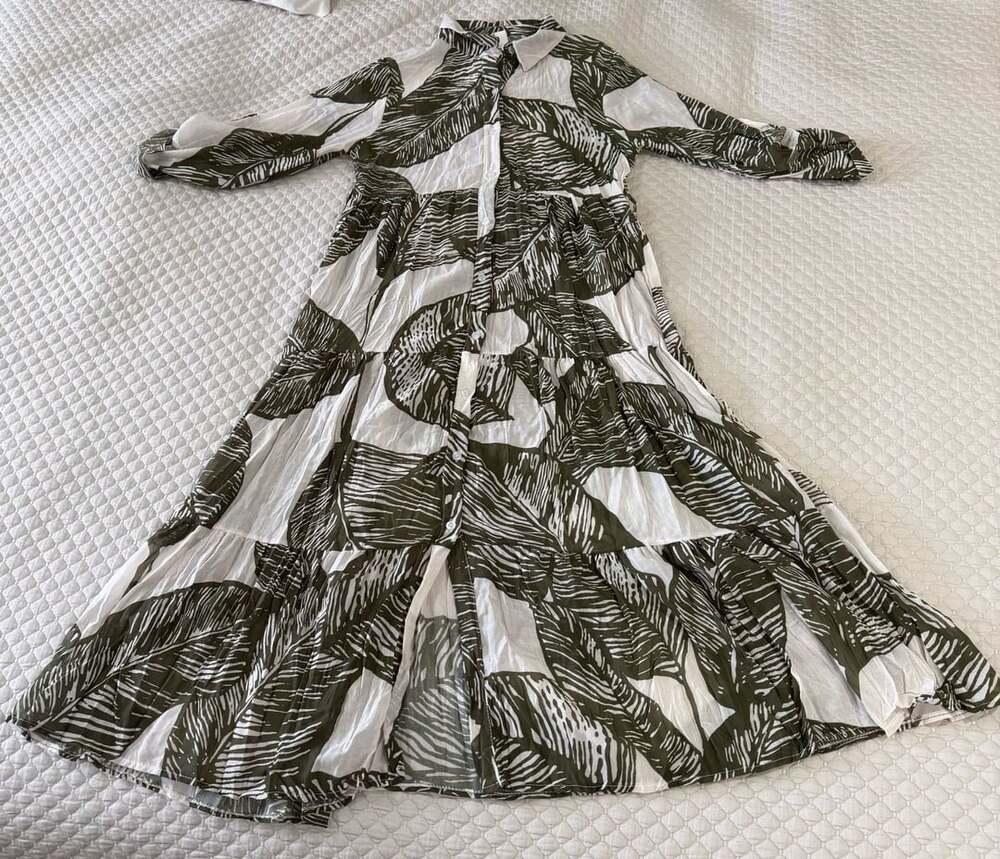 Olive and White Leaf Print Button Down Shirt Dress (Made in Italy)